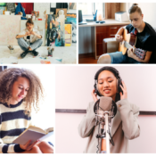 Four high school students practicing different art forms - painting, playing guitar, literature, and singing.