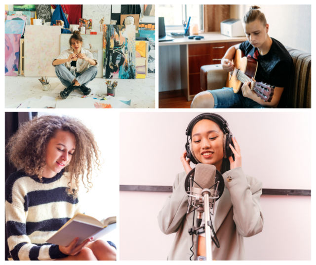 Four high school students practicing different art forms - painting, playing guitar, literature, and singing.