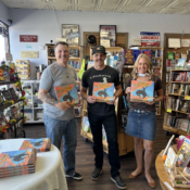 Wyoming authors Zak Pullen (right) and Casey Rislov (left) with Legends Bookstore owner Kalyn Beasley at an April 16 book signing.